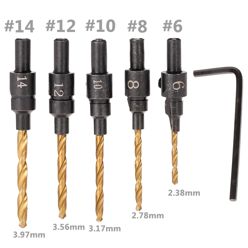 

HOEN Hot 5pcs Hss Woodworking Ti Countersink Drill Bit Set Wood Countersinks Screw Size #6 #8 #10 #12 #14