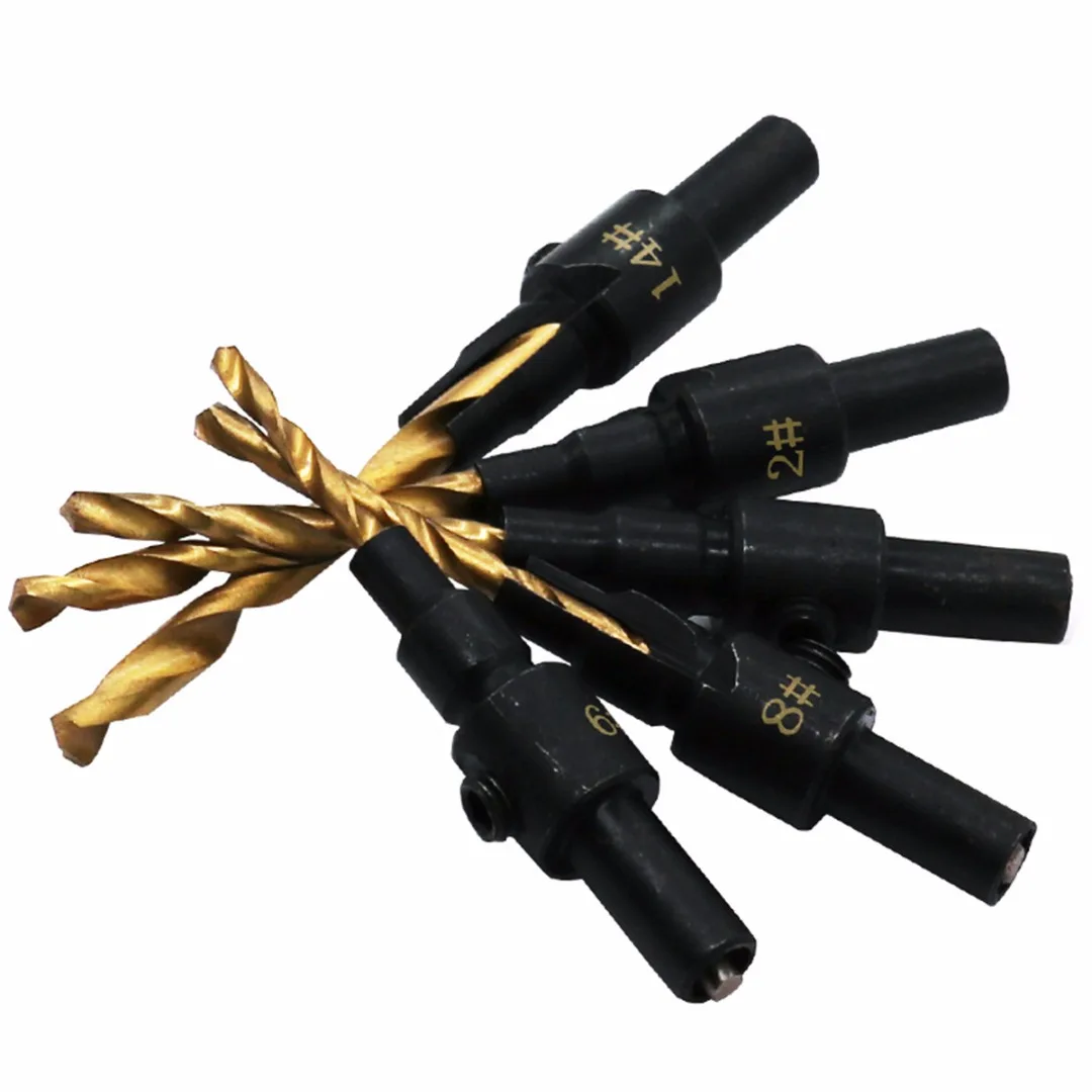 5pcs HSS  6~14mm Woodworking Countersink Chamfer Drill Bit Screw Set & Wrench