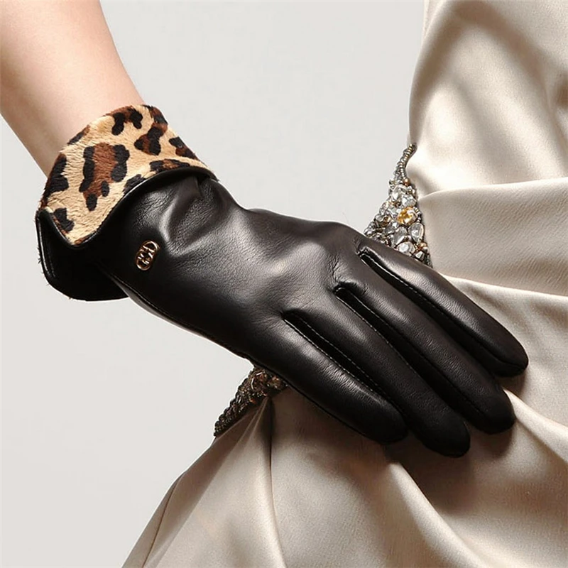 Fashion Leopard Brand Genuine Leather Gloves  Women Sheepskin Gloves Autumn Winter Plus Velvet Elegant Lady Glove L127NC-5