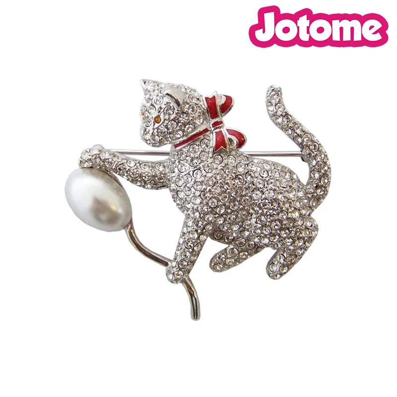 

100pcs/ lot Rhinestone Crystal, Pearl Cat and Balloon Ball Brooch, Rhodium Plated Metal Alloy Animal Wedding Brooches