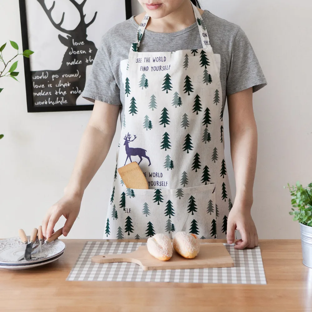 Christmas Tree Deer Printing Apron with Big Pocket aprons for women Baking barbecue cooking kitchen apron