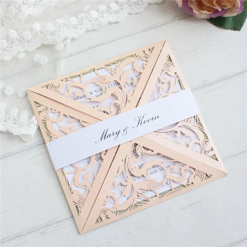 Elegant wedding card invitation laser cut valentine's day greeting card printable glittery insert custom belly band 50pcs