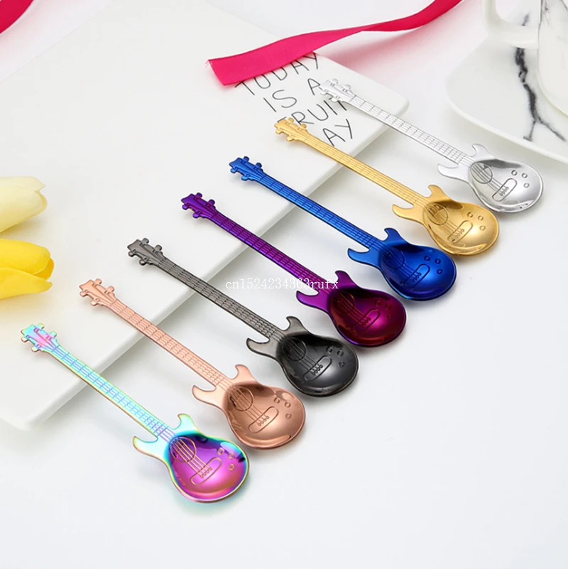 200pcs Stainless Steel Guitar Shape Spoon Mini Long Handle Dessert Rainbow Tea Coffee Spoon Wholesale