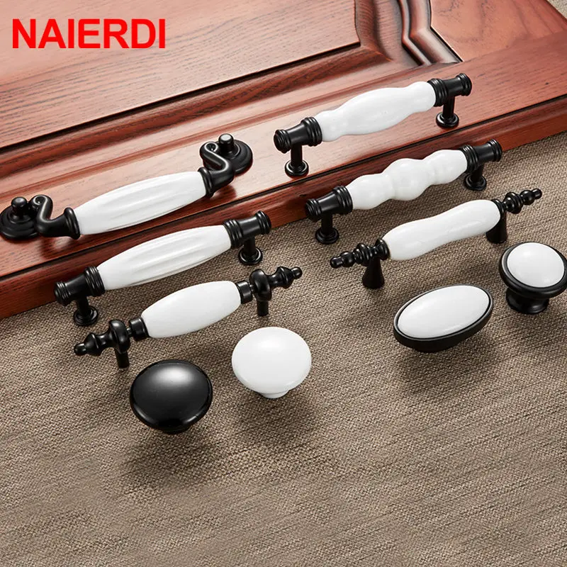 NAIERDI Black White Ceramic Cabinet Handles Zinc Alloy European Cabinet Pulls Drawer Knobs Wardrobe Door Handle Furniture Handle