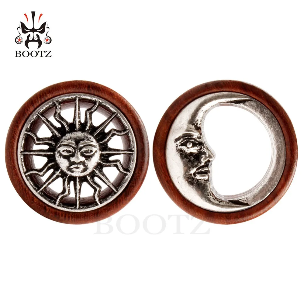 KUBOOZ 2PCS Asymmetric Wood Ear Piercing Tunnel Earrings Moon Sun Plugs Stretcher Fashion Body Jewelry Gauges Gift Women Men