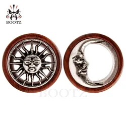KUBOOZ 2PCS Asymmetric Wood Ear Piercing Tunnel Earrings Moon Sun Plugs Stretchers Fashion Body Jewelry Gauges for Women And Men