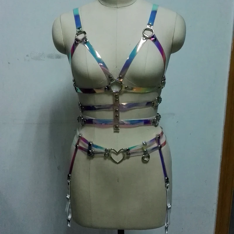 Handmade Sexy Punk Hologram Holographic Double Rows Studded Leg Garters PVC Big Heart Garter Belt PVC Harness Waist Belt