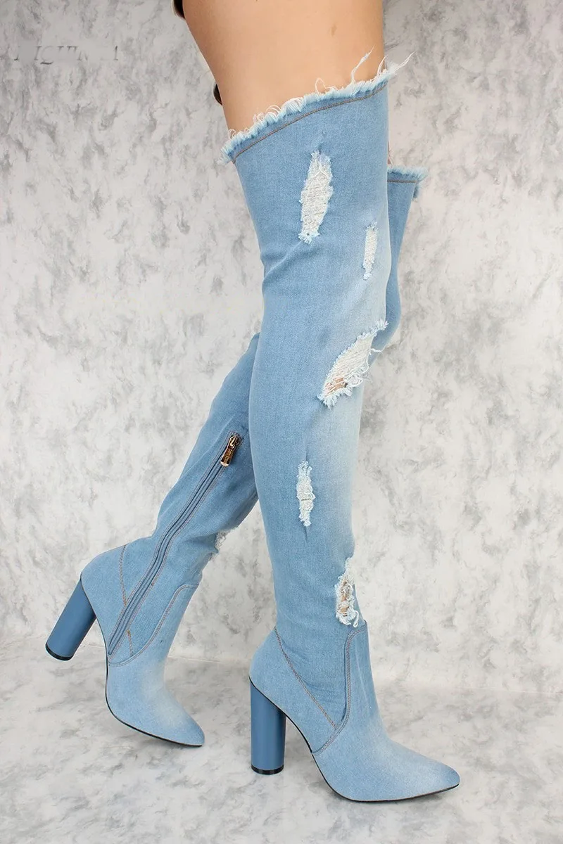 

New Fashion Women Blue Black Distressed Denim Over Knee Thick Heel Boots Sexy Long Chunky High Heel Thigh High Boots