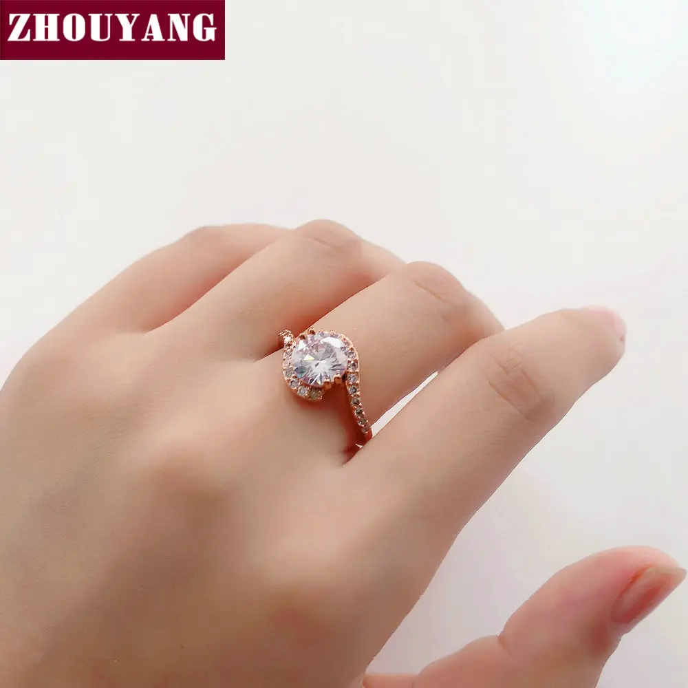 ZHOUYANG Wedding Rings For Women Classic Vivid 8mm Clear / Red Cubic Zirconia Rose Gold Color Fashion Jewelry Gift R389 R399