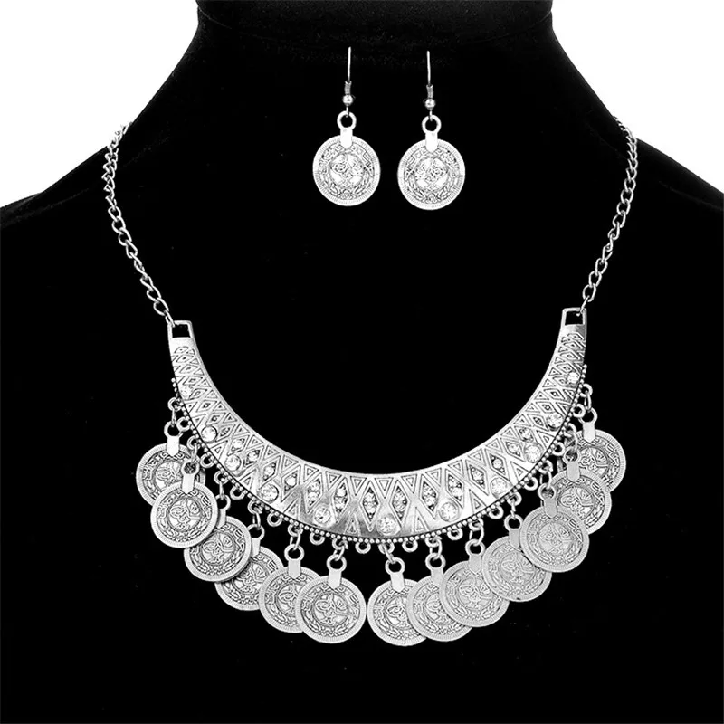 Yidensy Fashion Coin Neacklace Earrings Jewelry Sets Women Antique Gold Silver Color Long Chain Bib Necklace Drop Earring Gifts