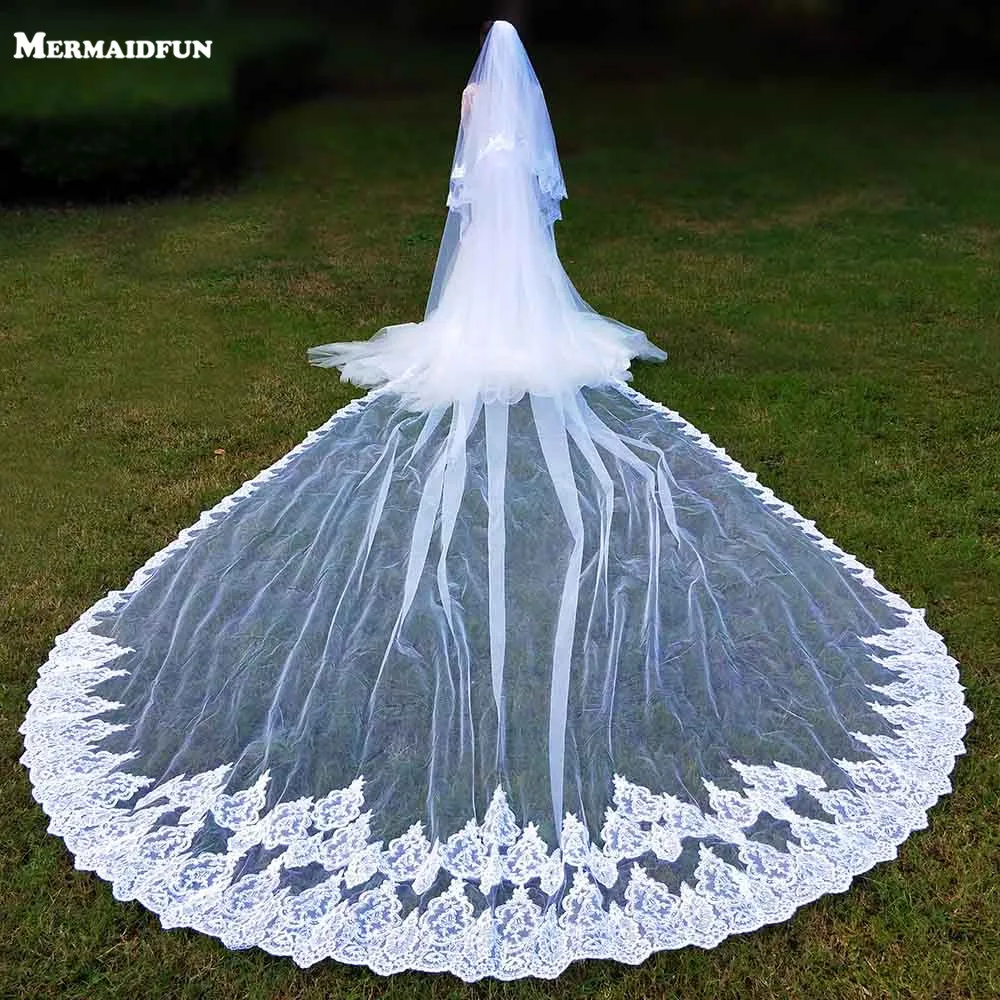 Customized Luxury Wedding Veil with Bling Sequins Lace 5 Meters Extra Long 2 Layers Woodland Bridal Veil with Comb