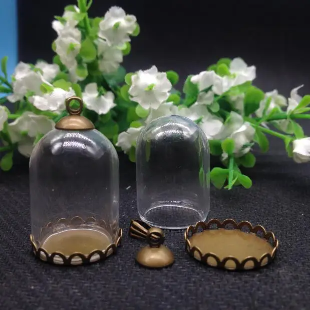 50sets/lot bronze 25*18mm glass dome globe & base & 6mm cap set glass globe set glass vial pendant glass cover