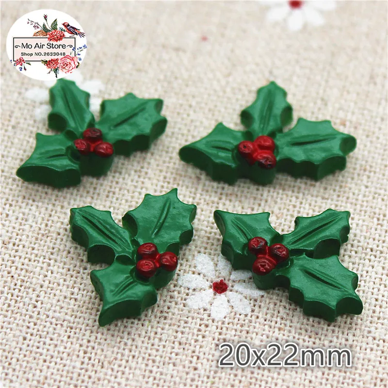 20pcs Resin Cute Christmas Holly Leaf Flat Back Cabochon Art Decoration Charm 20x22mm