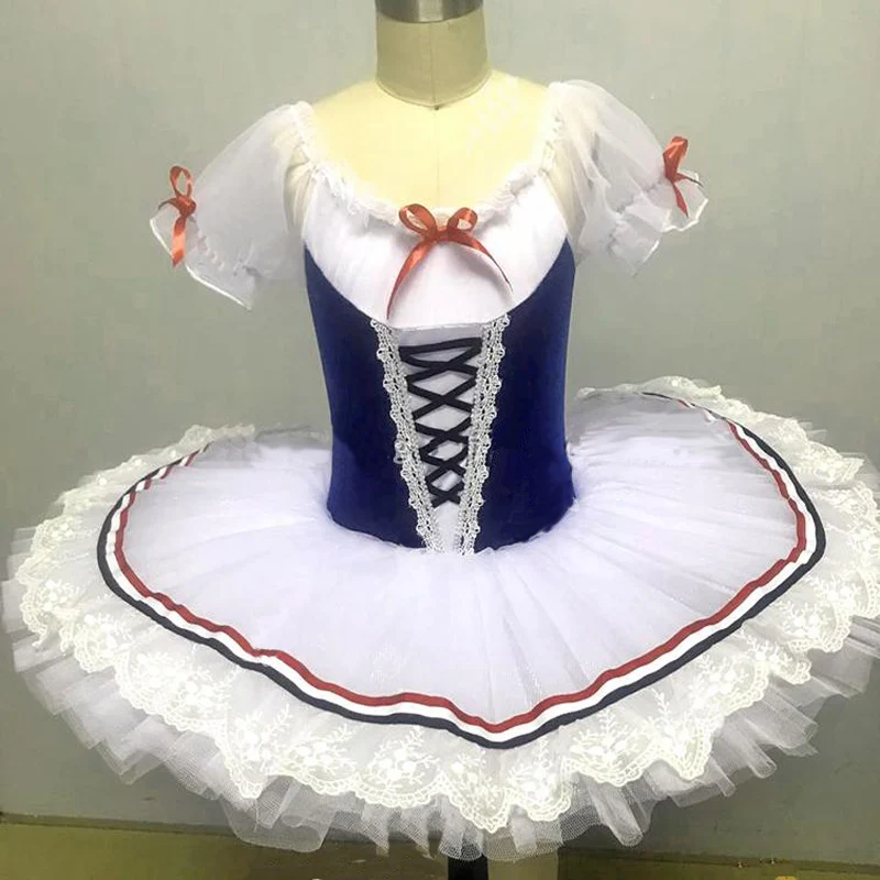 Custom made Girl Blue Ballet Tutus Theatre Costume, Giselle Tutu Dress Royal and Red Ribbon Lace Trim Ballerinas Ballet Dresses