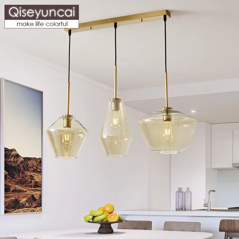 Qiseyuncai Nordic simple restaurant three head glass chandelier modern creative bar hotel lighting free shipping