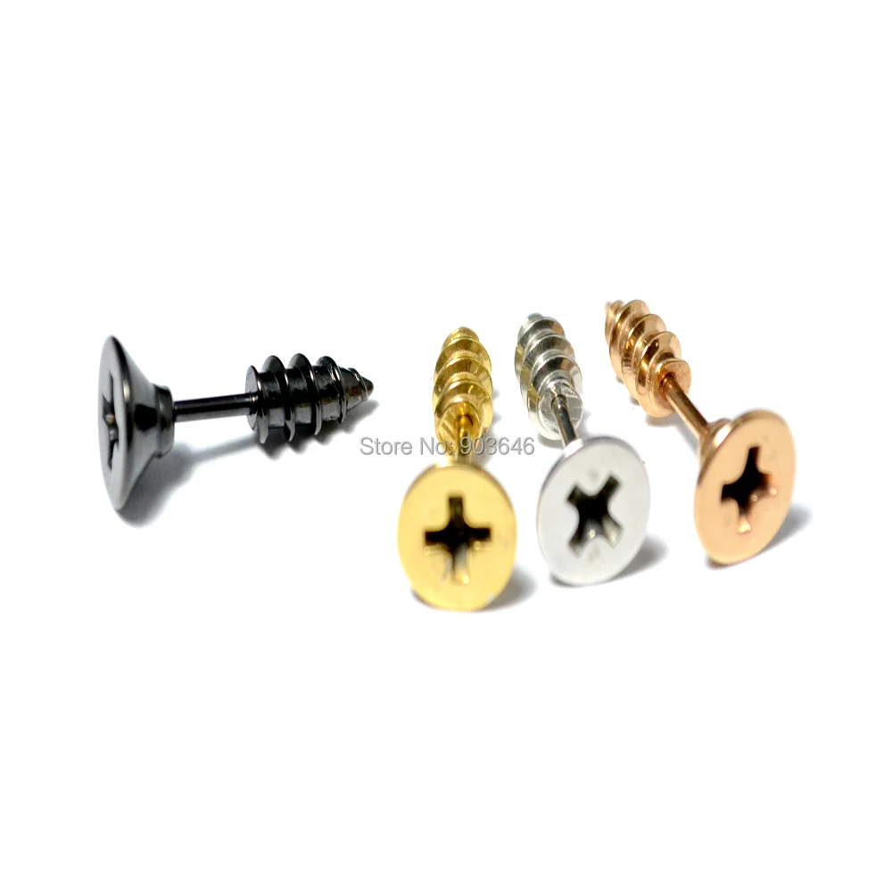 50pcs 4  Colors Fashion Unisex Stainless Steel Screw Ear Stud Earrings Fake Ear Taper PUNK Style