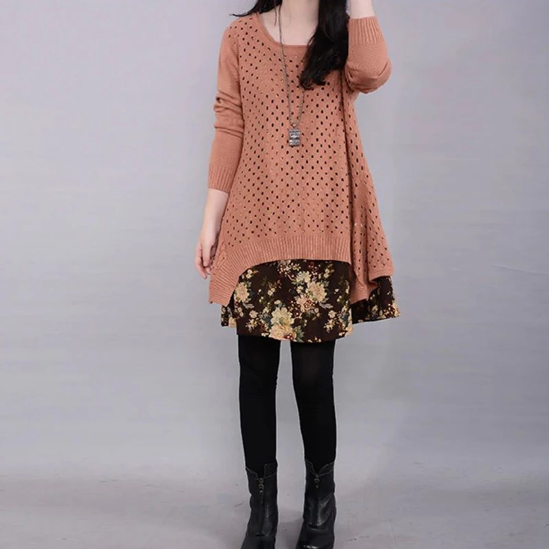 Autumn Winter Women\'s Long sleeve Knitted Floral Dress Loose Casual Party Dress