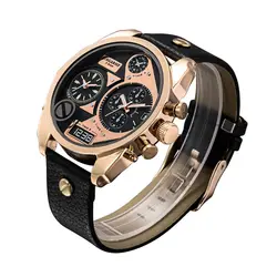 Cagarny Watch Men Quartz Watches Men Rose Gold Case Men's Wristwatches Leather Watchband Dual Time Zones Military Reloj Hombre