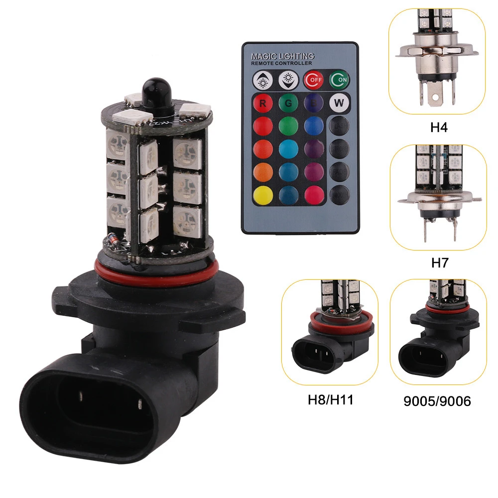 QCDIN 2Pcs Car Signal Lamp RGB 5050 LED Car Fog Light Reverse Light Bulb with Remote Control DC 12V H4 H7 H8/H11 9005 9006