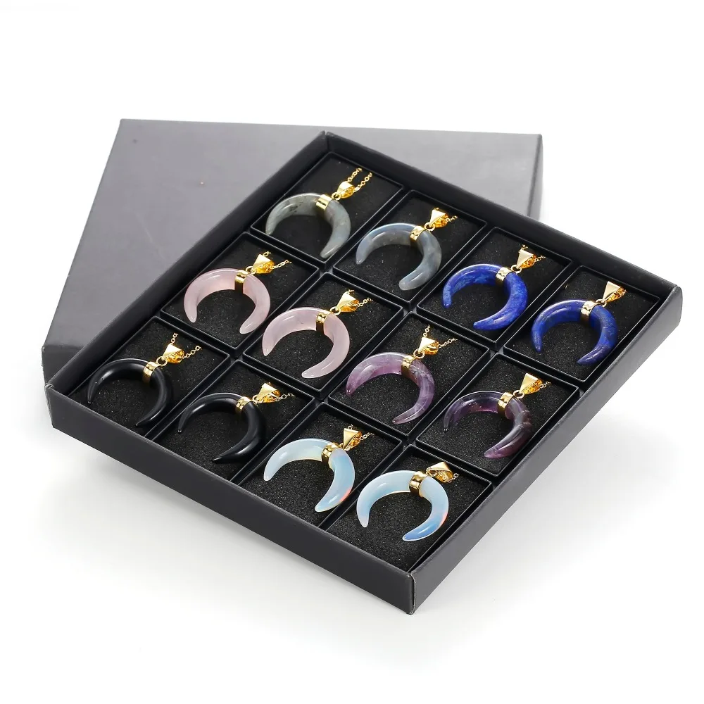 ASHMITA Natural Crystal Ox Horn Pendant Women Necklace 12PCS Display Gift box  Chakra Reiking Quartz Gold Charms Men Jewelry