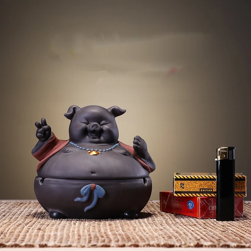 Fun big belly cartoon pig decorative ceramic ashtray Retro Happy Pig Home Office Ashtray