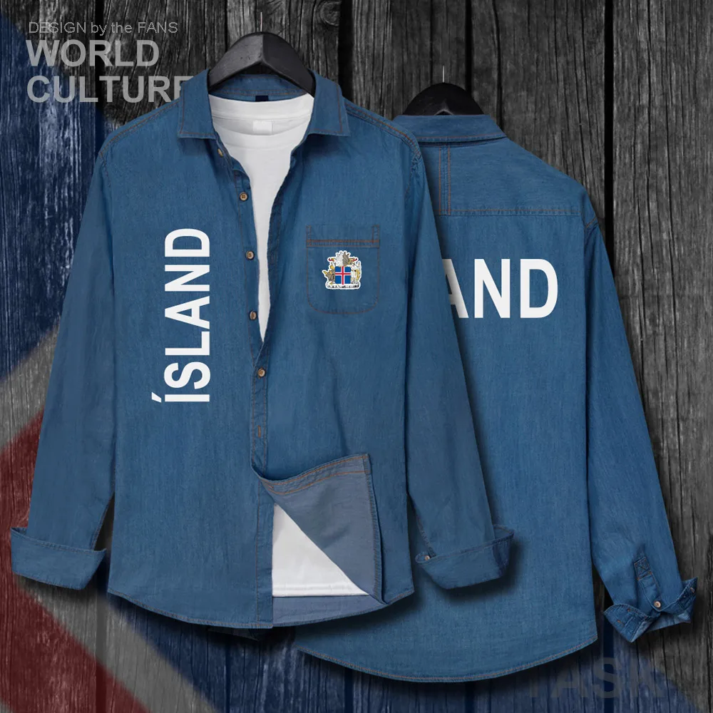 

Iceland ISL Icelander Icelandic IS Men Tops Autumn Long Sleeve Jacket Cowboy Clothes Cotton Turn-down Collar Jeans Shirt New 20