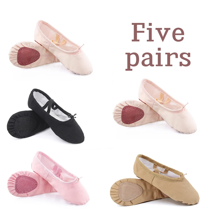 Zapatillas de Ballet de lona para niñas y niños, zapatos planos de gimnasia, zapatillas de baile de Fitness, venta al por mayor, 5 pares