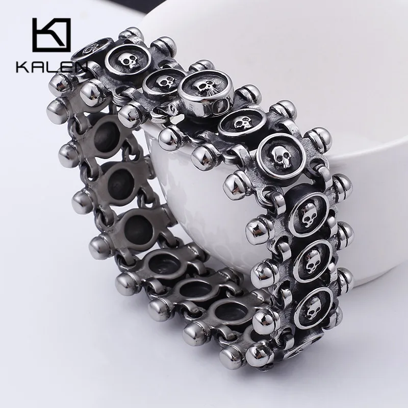 KALEN Punk 21.5cm Skull Bracelets Men Stainless Steel Matte Linking Skull Charm Bracelets Gothic Biker Halloween Jewelry