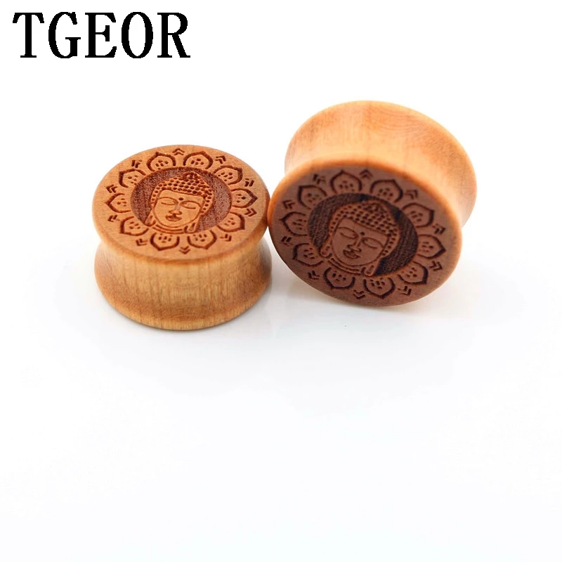 New arrival Hot charm wholesale 80pcs gauges flower Buddha pattern carved original wood saddle ear plug free shipping