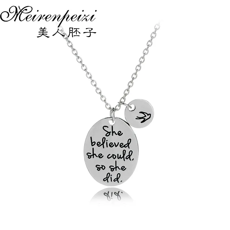 Hand stamped 'She Believed She Could, So She Did' Oval Necklace Inspiration Swallows Pendant Necklace Jewelry for Graduate Gift