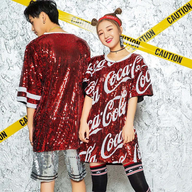 Jazz Dance Costumes Women Sequined Short-Sleeved Shirt Dress Men Street Dancewear Hip Hop Clothing Cheerleader Outfit DN2924