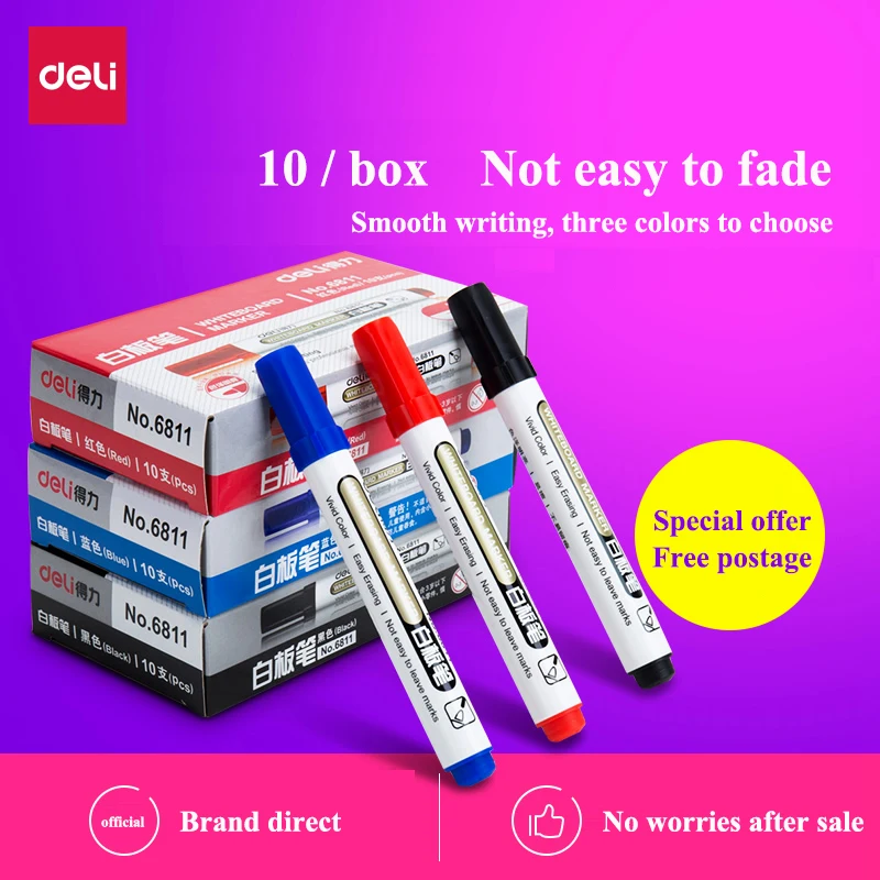 10PCS/BOX Deli 6811 Inkable Whiteboard marker Whiteboard pen smooth writing easy erase Black Blue Red 3 colors