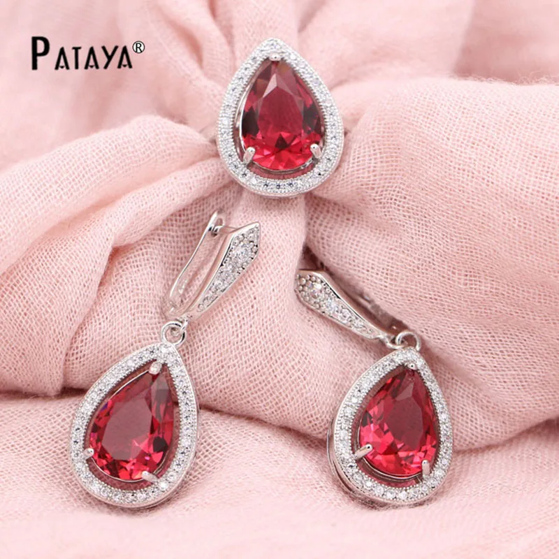 PATAYA True White Gold Color Jewelry Sets Green Water Drop Natural Zircon Earrings Ring Set Women Romantic Wedding Party Jewelry