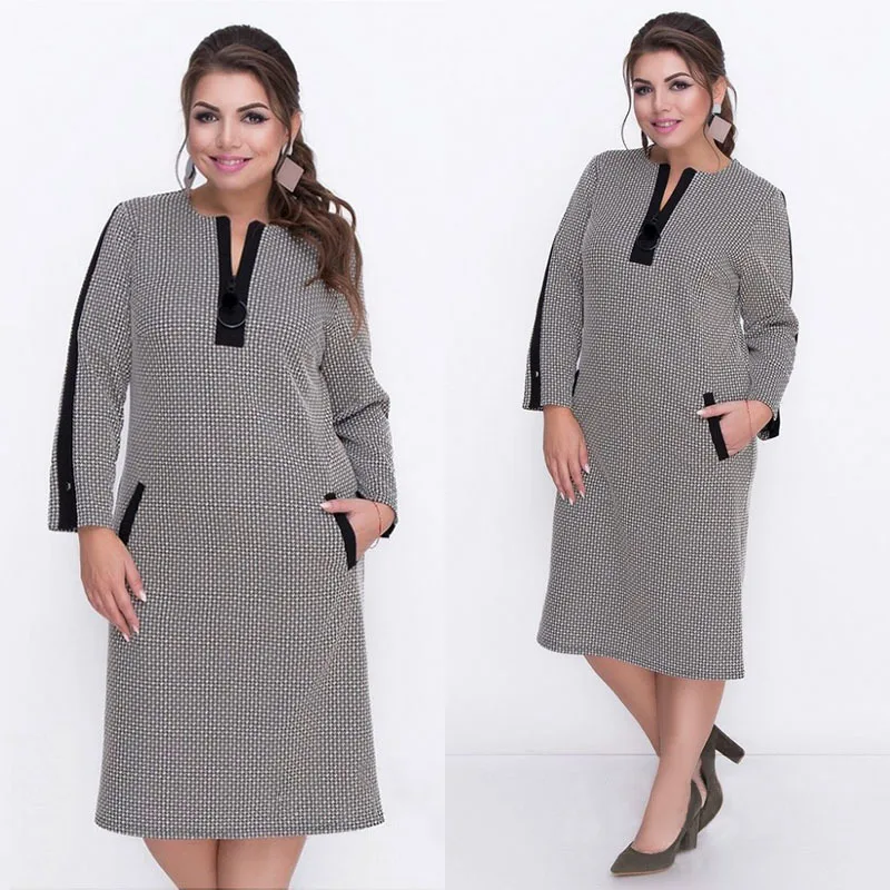 Plus Size Dresses For Women 4Xl 5Xl 6Xl Plaid Dress Autumn 2019 Long Sleeve Midi Elegant Casual Dresses Winter 2019 DD2102