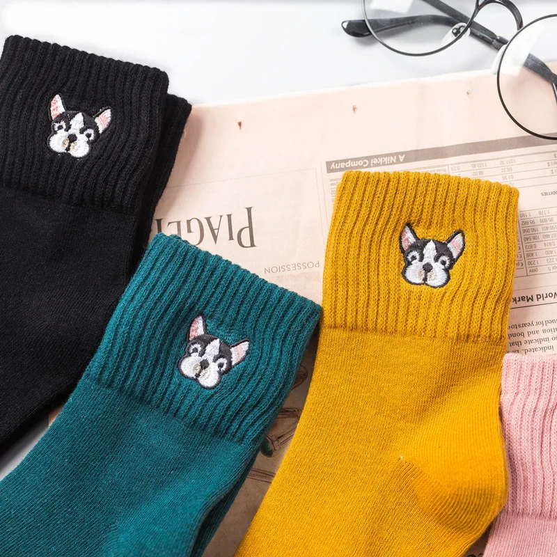 Autumn winter socks for women cotton sock harajuku cartoon dog embroidery cute socks female casual sox ladies meias mujer 2019