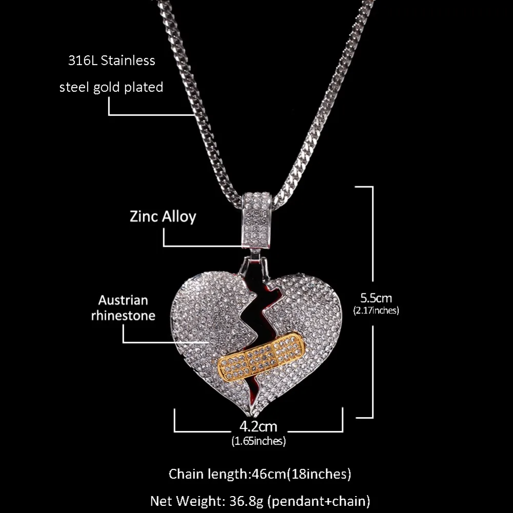 THE BLING KING Iced Out Broken Heart With Bandage Pendant Lovely Micro Paved Rhinestone Charm Necklace Jewelry For Men Couples