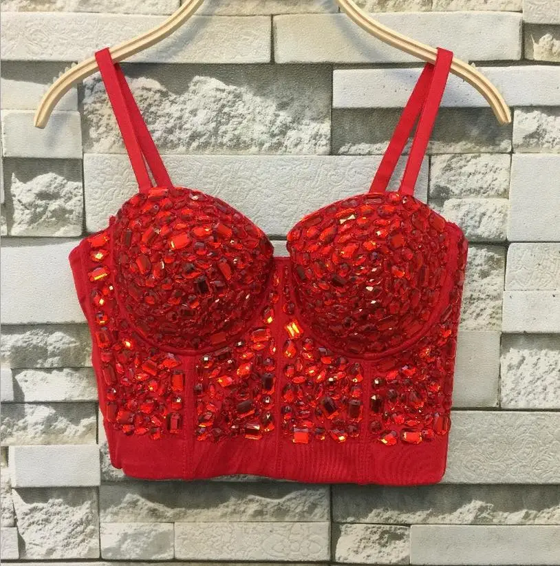 Unique red Rhinestone Gaga Bustier Pearls Diamond Push Up Night Club Bralette Women\'s Bra Top Vest fashion w1172