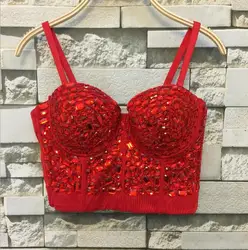 Unique red Rhinestone Gaga Bustier Pearls Diamond Push Up Night Club Bralette Women's Bra Top Vest fashion w1172