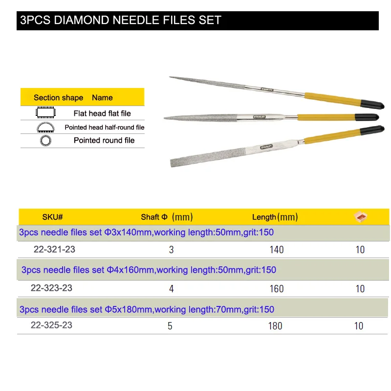 Stanley 3pcs small diamond file needle set polishing tools 150 grit sharpening grinding hand tuning files kit for glass metal