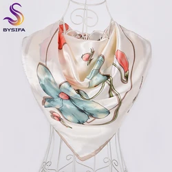 [BYSIFA] White And Pink Silk Scarf Shawl Fashion Brand Floral Satin Square Scarves Hijabs Autumn Winter Headscarves Wraps 90*90