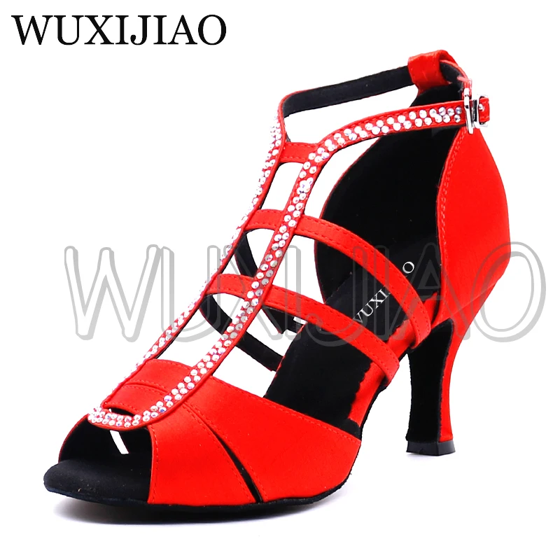 WUXIJIAO New white Satin Latin Dance Shoes Women Salsa Rhinestone Shoes Dance For Woman Ballroom Dancing Shoes heel 5cm-10cm