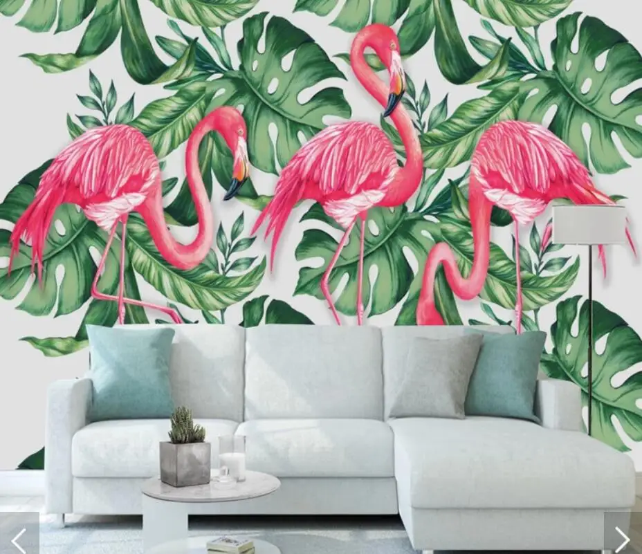 

3D Flamingos Tropical Plants Wallpaper Wall Murals Decals for Bedroom Living Room Printed Photo Green Turtle Leaf Wall Papers