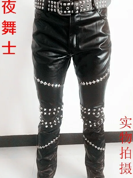 Free Shipping ! Men's Brand Fashion New Dj Bar Nightclub Singer Slim Rivets Leather Pants Trousers