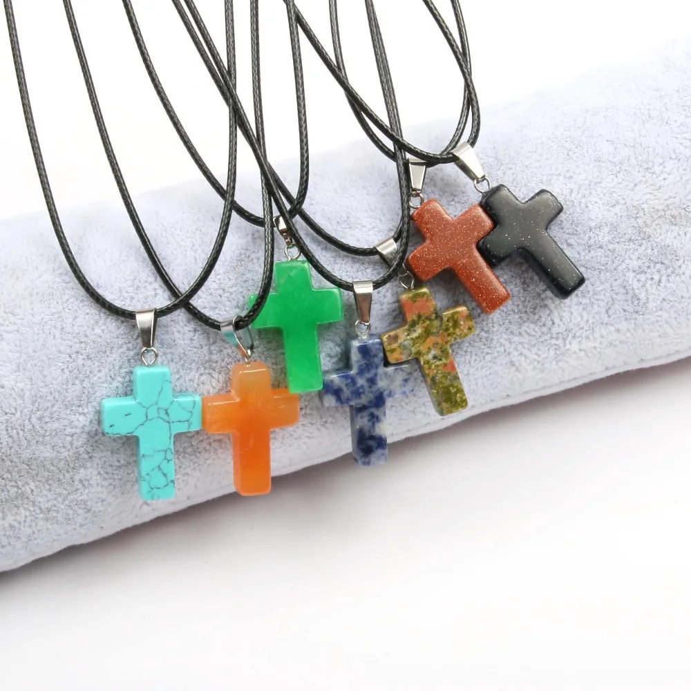 Natural Stone Necklace Blue Turquoise Cross Agate Pendant  Necklaces for Women Gifts Good Quality Wholesale image 2
