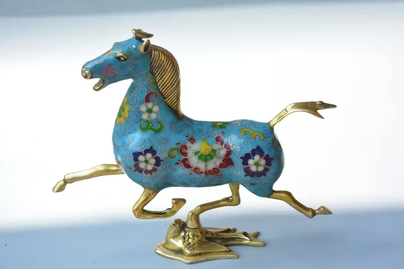 Classic China FengShui Bronze Cloisonne Horse Stepping on Flying Swallow Statue