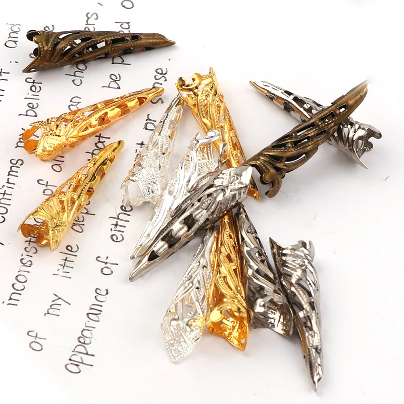 35x10mm Vintage Filigree Metal Pointed Horn Hollow Flower Spacer Beads End Caps Pendant DIY Charms Connectors Jewelry Findings