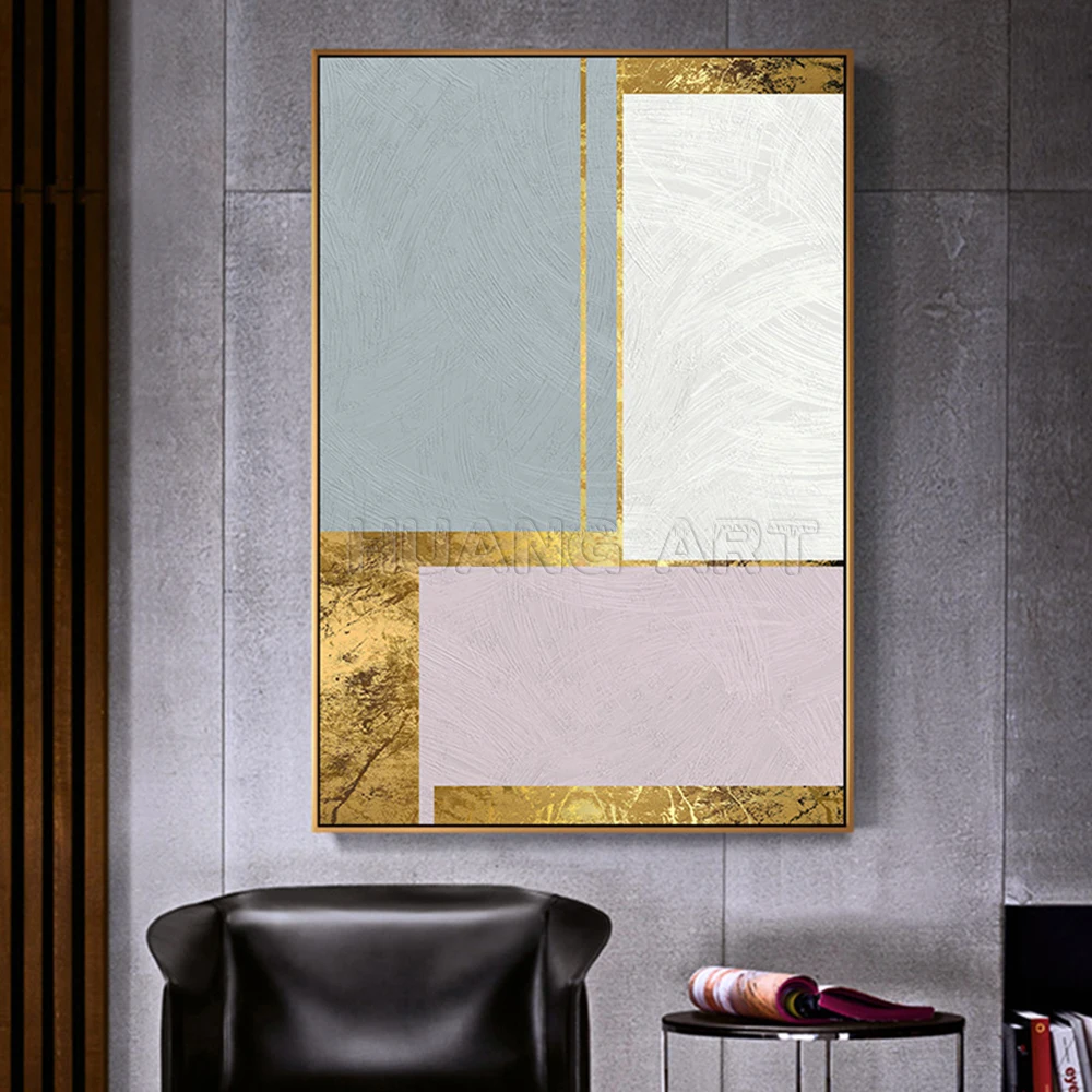 Professional Art 100% Hand-painted Gold Foil Pink Abstract Oil Painting for Room Wall Decor Geometric Gold Abstract Painting