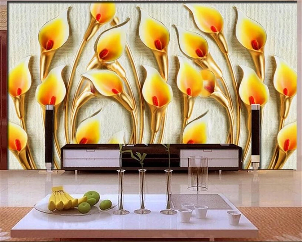 

Custom Any Size Mural 3d Wallpaper Embossed HD Stereo Gold Calla Lily TV Background Wall papel de parede wallpaper 3d