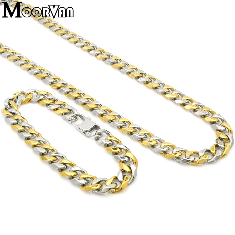 Moorvan Stainelss Steel Polishing High Quality Men Necklace Bracelet Sets Trendy Chain Jewelry Set For Man VJS112