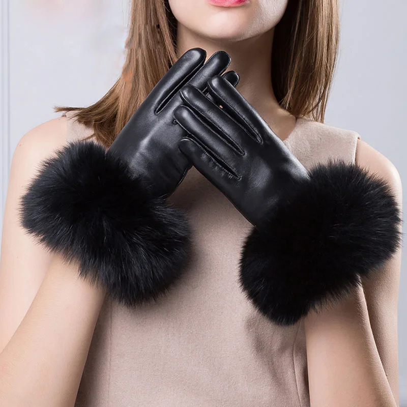 Luxury Leather Gloves With Real Fox Fur Womens Fashion 2022 Winter Red Hand Warm Black Glove Women Driving Matural Fur Gloves